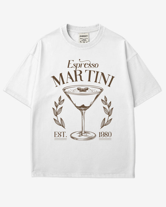 Flat lay white Espresso Martini retro graphic tee