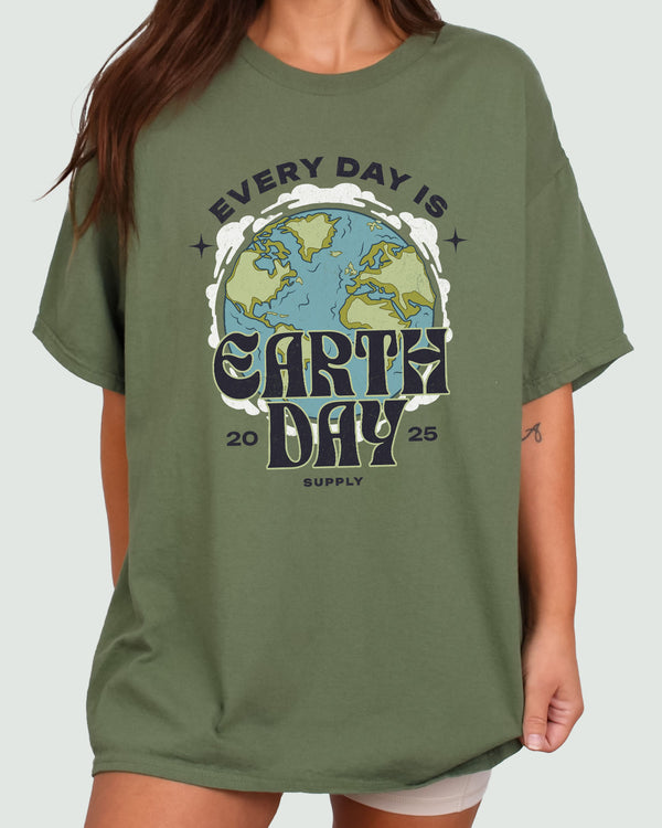 Eart Day Every Day Shirt military green color tee with retro earth graphic