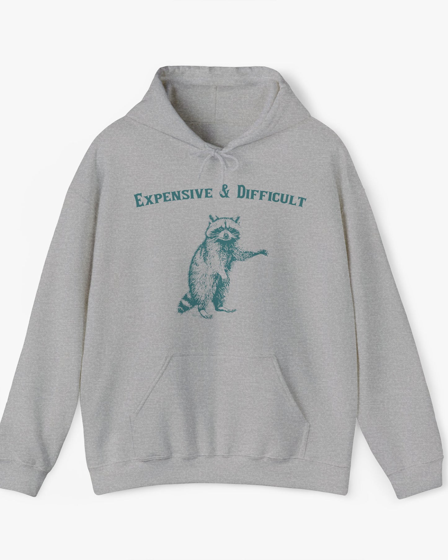 'Expensive And Difficult' hoodie in sport gray, featuring a retro western graphic design and unisex fit.