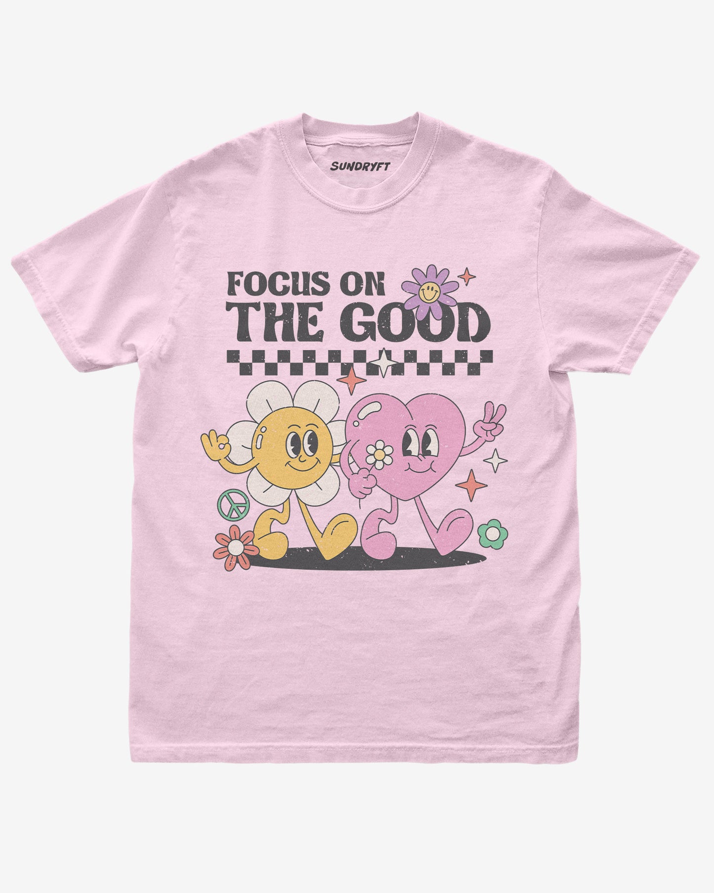 Focus On The Good shirt in blossom with retro walking flower and heart graphic