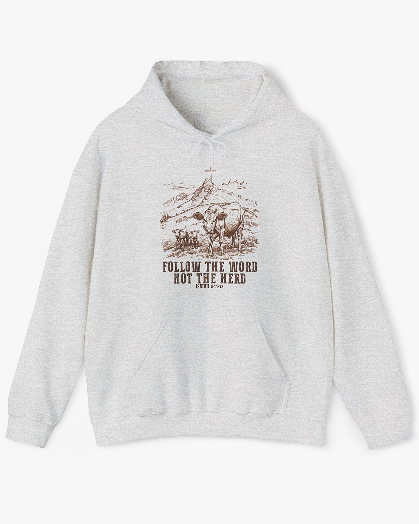Flat lay ash gray 'Follow The Word Not The Herd' hoodie with retro cows and meadow graphic.