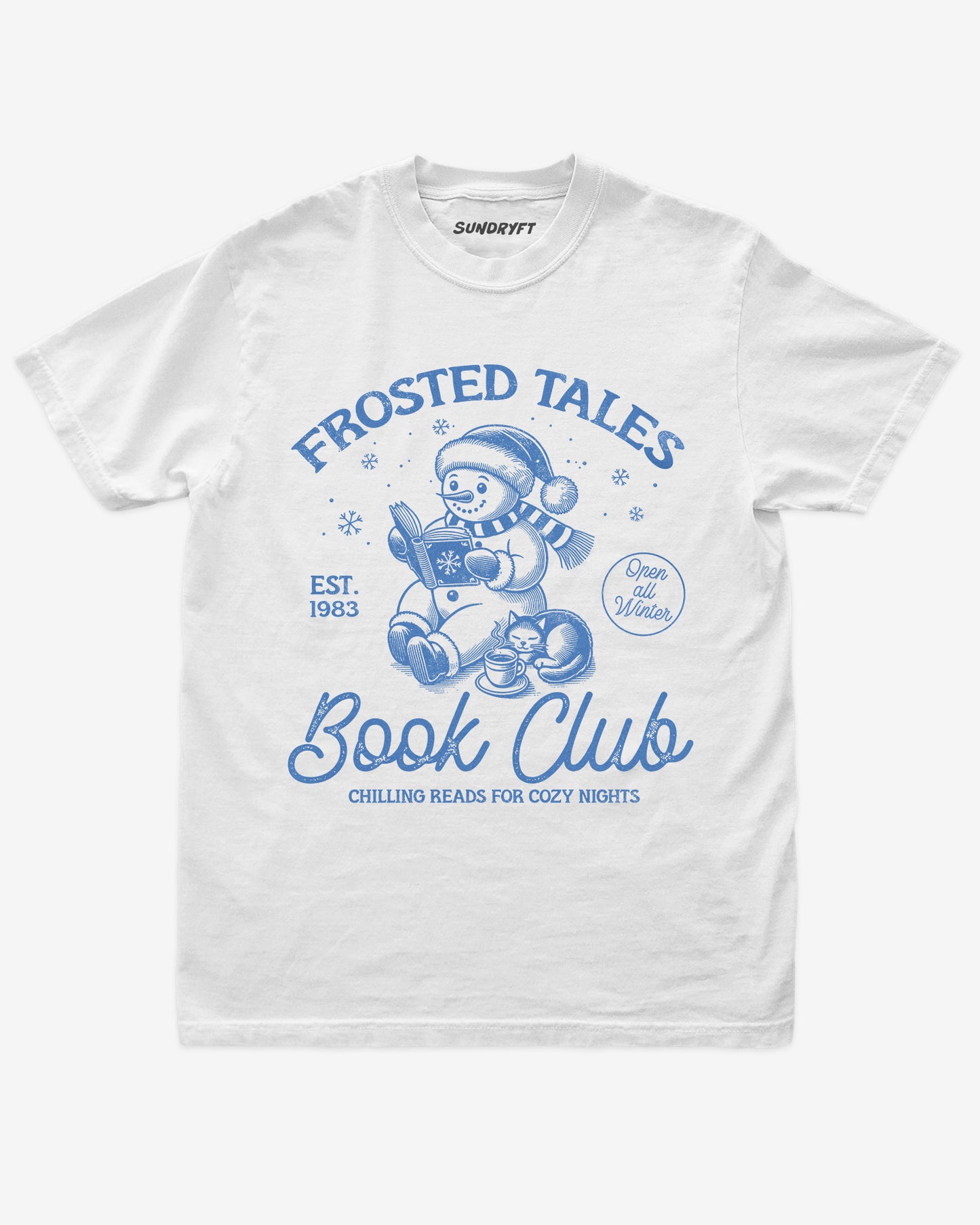 White shirt with cute snowman reading book design and “Frosted Tales Book Club” text