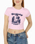 Woman wearing 'Gardening Because Murder Is Wrong' Baby Tee in light pink color
