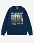 Flat lay true navy 'Girls Will Be Girls' sweatshirt with retro graphic of witches holding hands in a Halloween ritual.