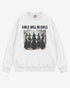 Flat lay white 'Girls Will Be Girls' sweatshirt with retro graphic of witches holding hands in a Halloween ritual.