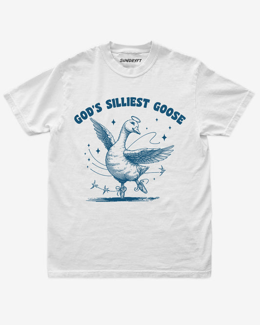 God's Silliest Goose shirt in white with funny graphic of dancing goose with halo