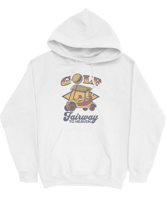 Flat lay of a white hoodie with a retro graphic of a golf cart and the quote 'Golf, Fairway To Heaven'.