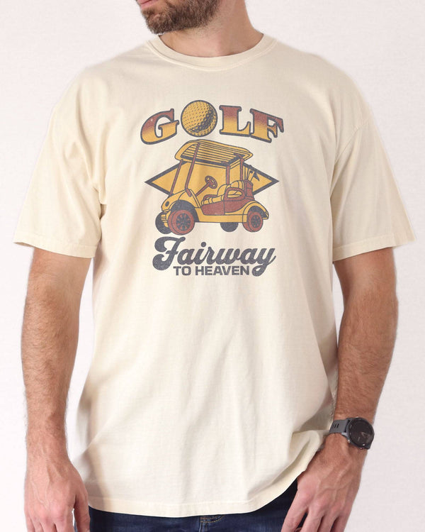 Man wearing ivory shirt with quote "Golf Fairway To Heaven" and a retrographic of a golf cart.