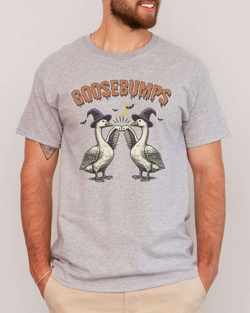 Model wearing sport gray color shirt with 'Goosebumps' funny Halloween graphic design
