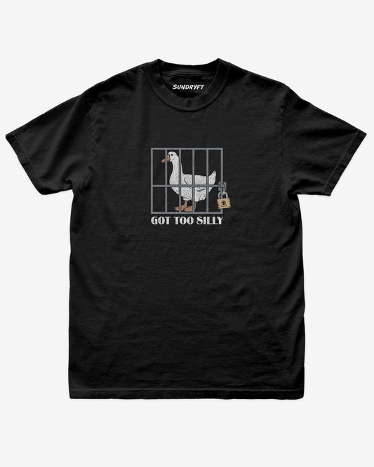 Black “Got Too Silly” funny silly goose vintage graphic shirt flat lay.