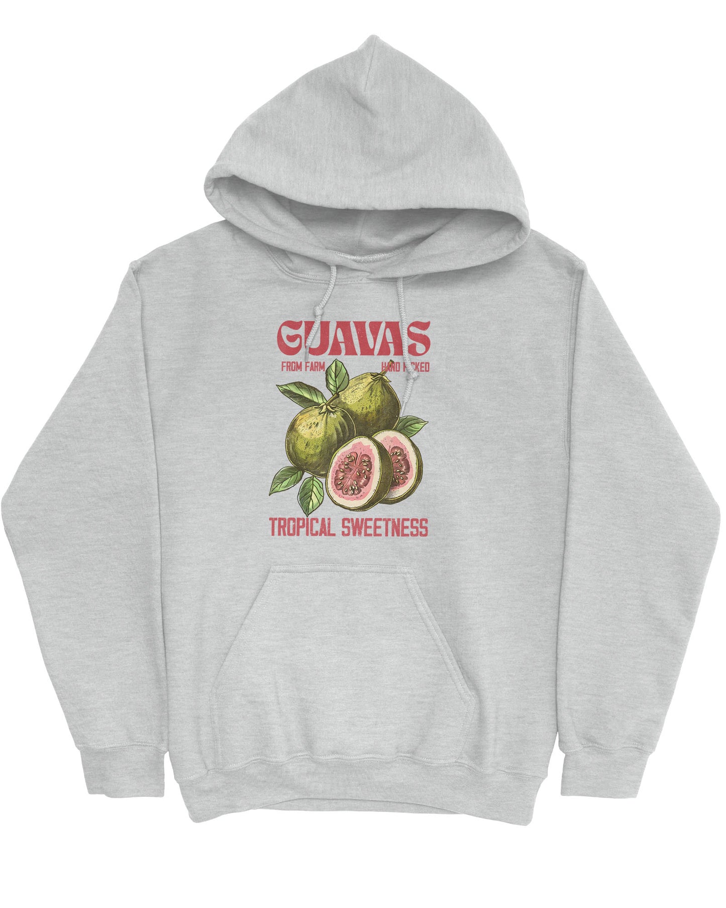 Flat lay of an ash gray Guavas Fruit Hoodie with a retro guava label graphic, giving off vintage tropical vibes.