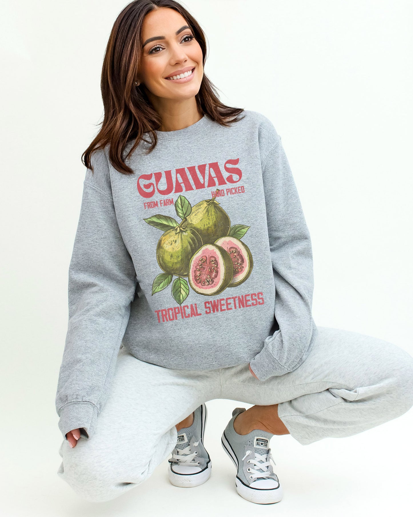 Man wearing sport gray Guavas Fruit sweatshirt