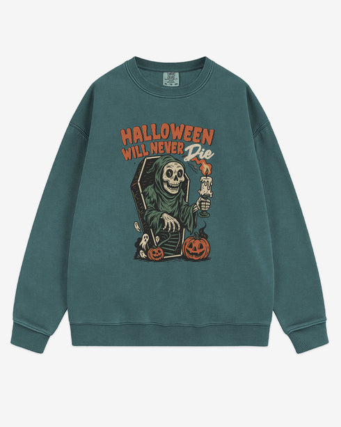 Flat lay blue spruce Halloween Will Never Die sweatshirt, retro skeleton stepping out of casket graphic clothing.