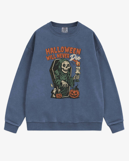 Flat lay denim Halloween Will Never Die sweatshirt, retro skeleton stepping out of casket graphic clothing.