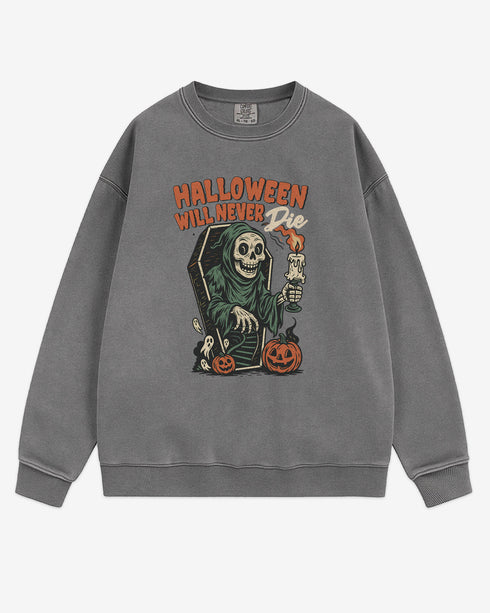 Flat lay gray Halloween Will Never Die sweatshirt, retro skeleton stepping out of casket graphic clothing.