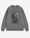 Flat lay gray Halloween Will Never Die sweatshirt, retro skeleton stepping out of casket graphic clothing.