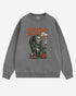 Flat lay gray Halloween Will Never Die sweatshirt, retro skeleton stepping out of casket graphic clothing.