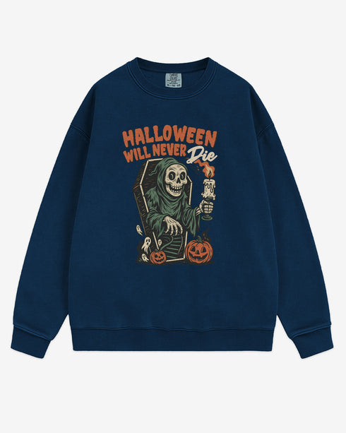 Flat lay true navy Halloween Will Never Die sweatshirt, retro skeleton stepping out of casket graphic clothing.