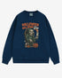 Flat lay true navy Halloween Will Never Die sweatshirt, retro skeleton stepping out of casket graphic clothing.