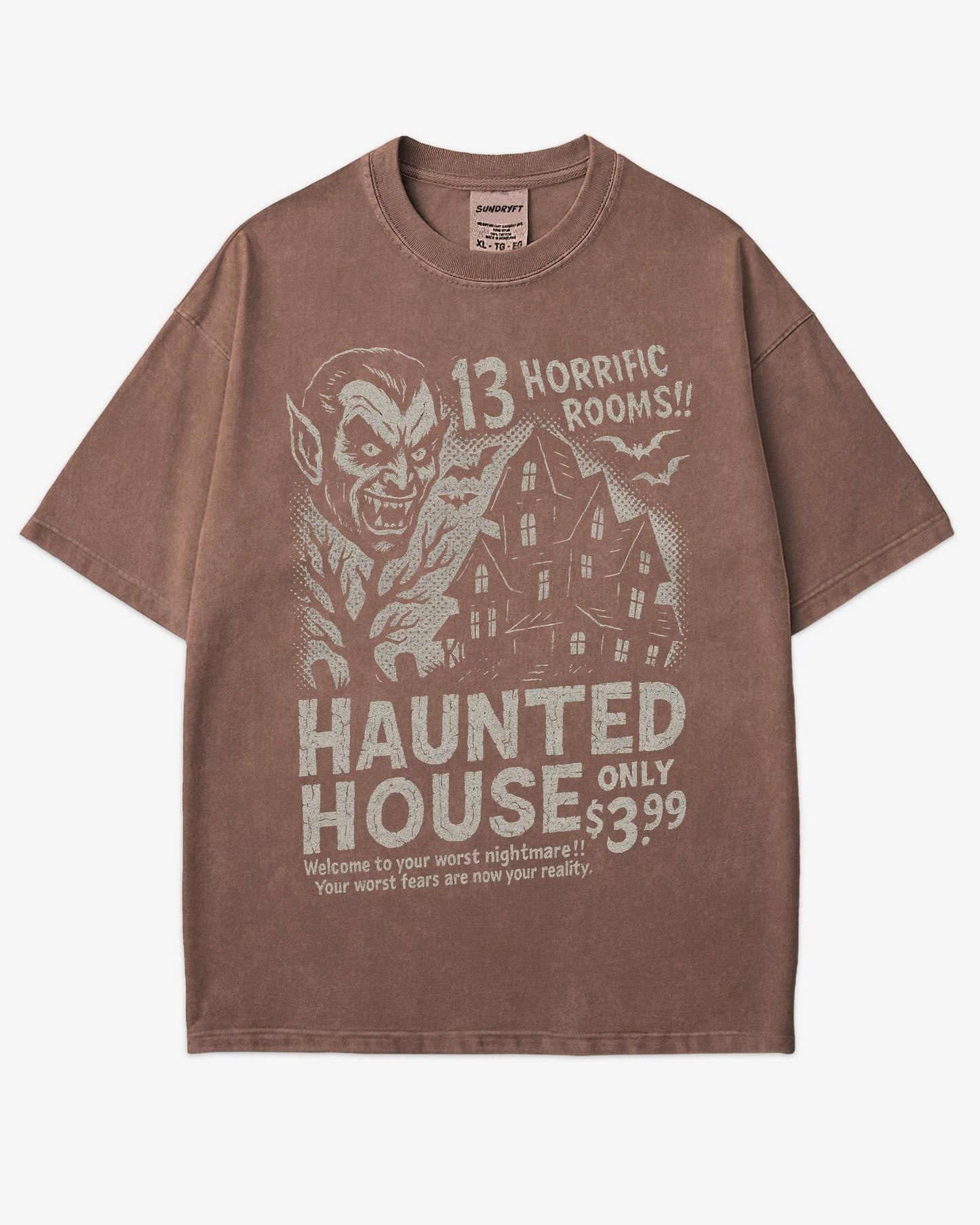 Retro Haunted House Room Renting Shirt in espresso – vintage Halloween graphic tee with creepy haunted house design, soft cotton unisex outfit