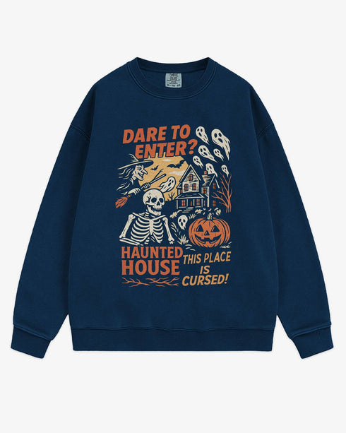 Flat lay true navy Halloween sweatshirt reading ‘Dare To Enter – Haunted House’ with retro graphic of haunted house, skeletons, and a witch.