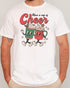Man wearing a retro Christmas coffee graphic shirt in white color with the quote "Have A Cup of Cheer"