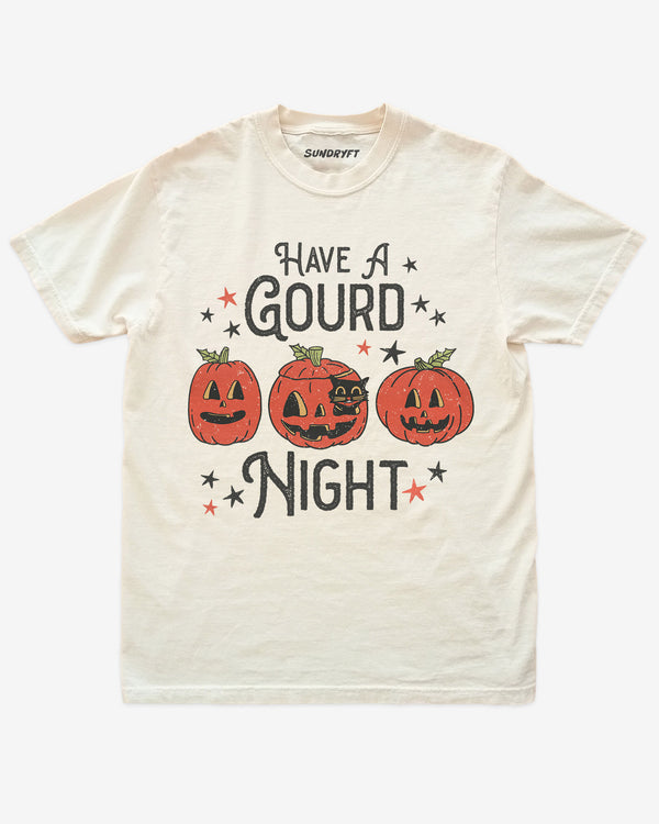 Ivory “Have A Gourd Night” funny pumpkin fall Halloween shirt flat lay.