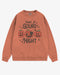 Flat lay terracotta ‘Have A Gourd Night’ sweatshirt with retro pumpkins and black cat graphic.