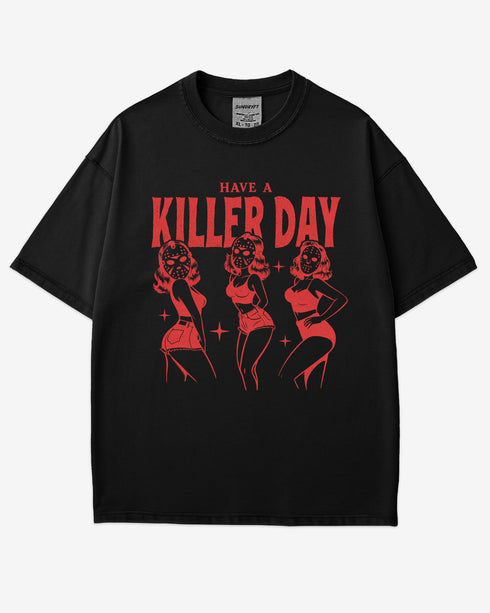 Flat lay black “Have A Killer Day” shirt with a funny Halloween graphic of bikini girls in hockey masks.