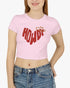 Woman wearing light pink Howdy graphic baby tee
