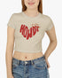 Woman wearing sand beige Howdy graphic baby tee