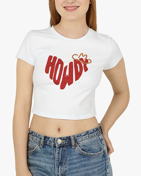 Woman wearing white Howdy graphic baby tee