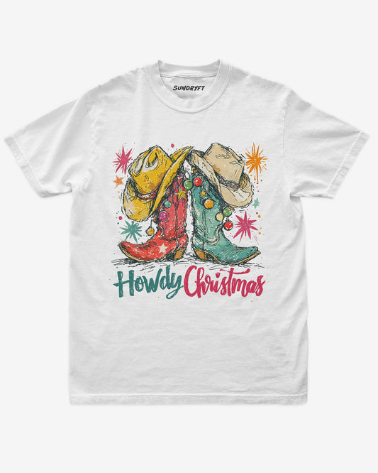 Howdy Christmas shirt in white with retro cowboy boots and hats graphic