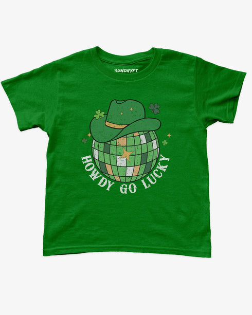 Howdy Go Lucky baby tee in irish green, retro Y2K cropped shirt with disco ball and cowboy hat graphic, funny Western St. Patrick’s Day style.