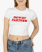 Woman wearing white 'Howdy Partner' baby tee