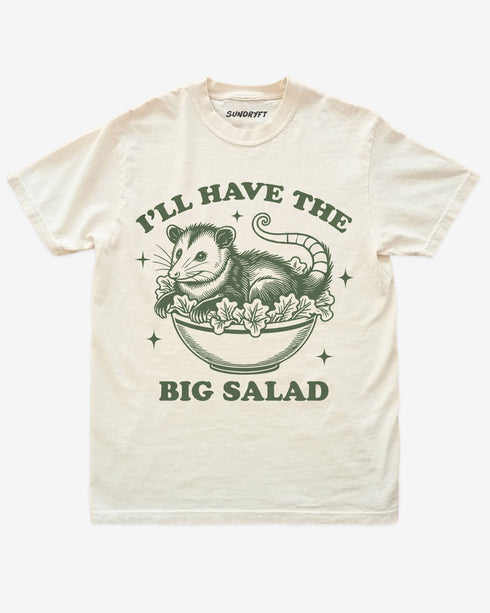 I'll Have The Big Salad shirt in ivory with funny retro opossum in salad bowl graphic