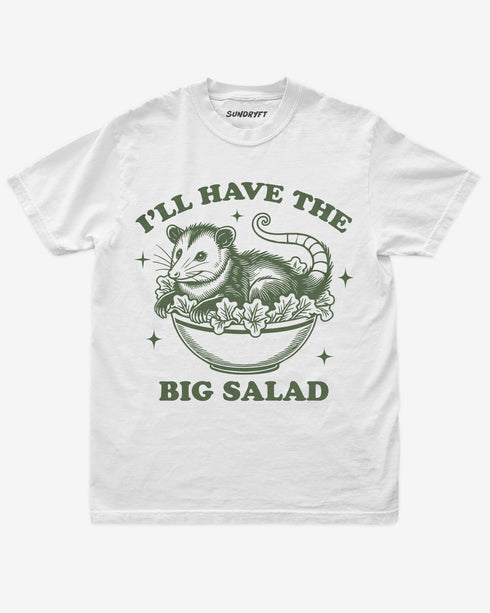 I'll Have The Big Salad shirt in white with funny retro opossum in salad bowl graphic