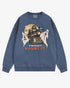 Flat lay denim sweatshirt with phrase ‘If You’ve Got It Haunt It’ and retro graphic of two ghosts and a haunted house.