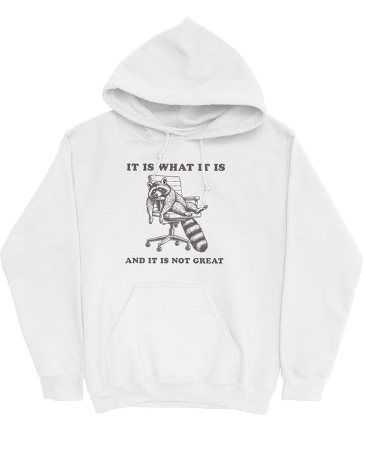 Flat lay of a white 'It Is What It Is And It Is Not Great' hoodie with a funny retro graphic of an exhausted raccoon sitting on a chair.