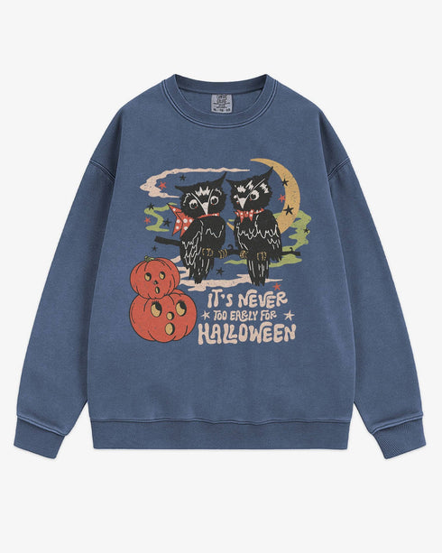 Flat lay denim โItโs Never Too Early For Halloweenโ sweatshirt with retro graphic of two owls, pumpkins, and night sky.