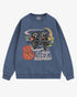 Flat lay denim โItโs Never Too Early For Halloweenโ sweatshirt with retro graphic of two owls, pumpkins, and night sky.