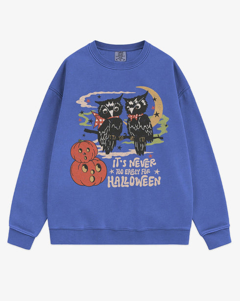 Flat lay flo blue โItโs Never Too Early For Halloweenโ sweatshirt with retro graphic of two owls, pumpkins, and night sky.