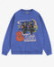 Flat lay flo blue โItโs Never Too Early For Halloweenโ sweatshirt with retro graphic of two owls, pumpkins, and night sky.