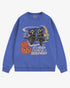 Flat lay flo blue โItโs Never Too Early For Halloweenโ sweatshirt with retro graphic of two owls, pumpkins, and night sky.
