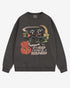 Flat lay pepper โItโs Never Too Early For Halloweenโ sweatshirt with retro graphic of two owls, pumpkins, and night sky.