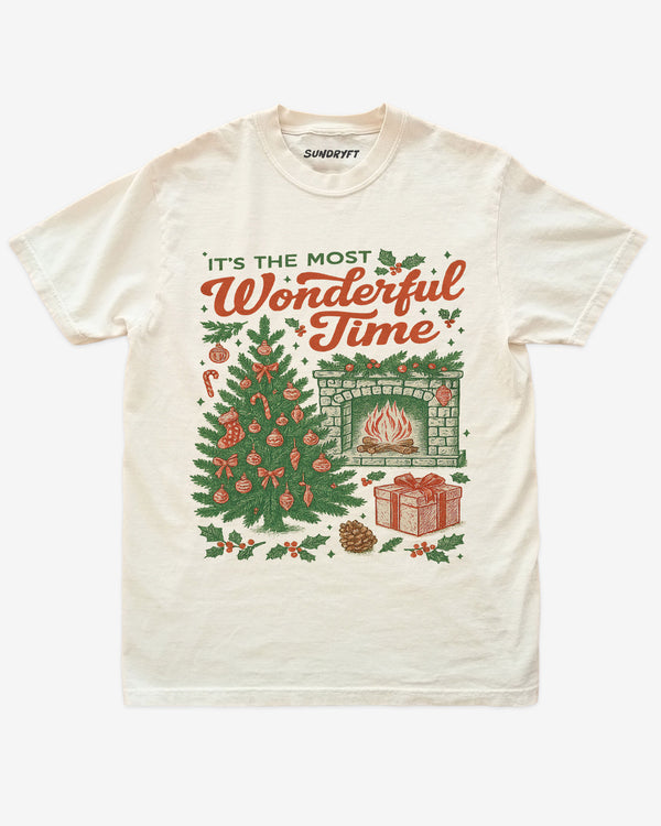 It’s The Most Wonderful Time of The Year shirt in ivory with retro Christmas tree design