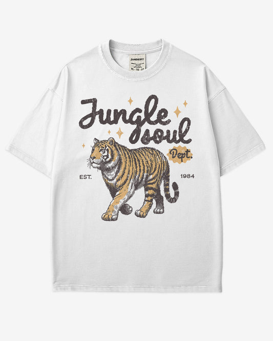 Jungle Soul Dept. shirt in white color with retro graphic of walking tiger.
