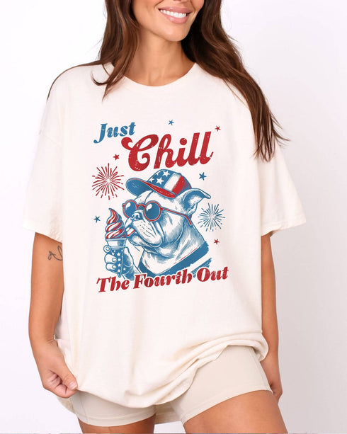 Model wearing white color shirt with 'Just Chill The Fourth Out' graphic design
