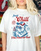 Model wearing white color shirt with 'Just Chill The Fourth Out' graphic design