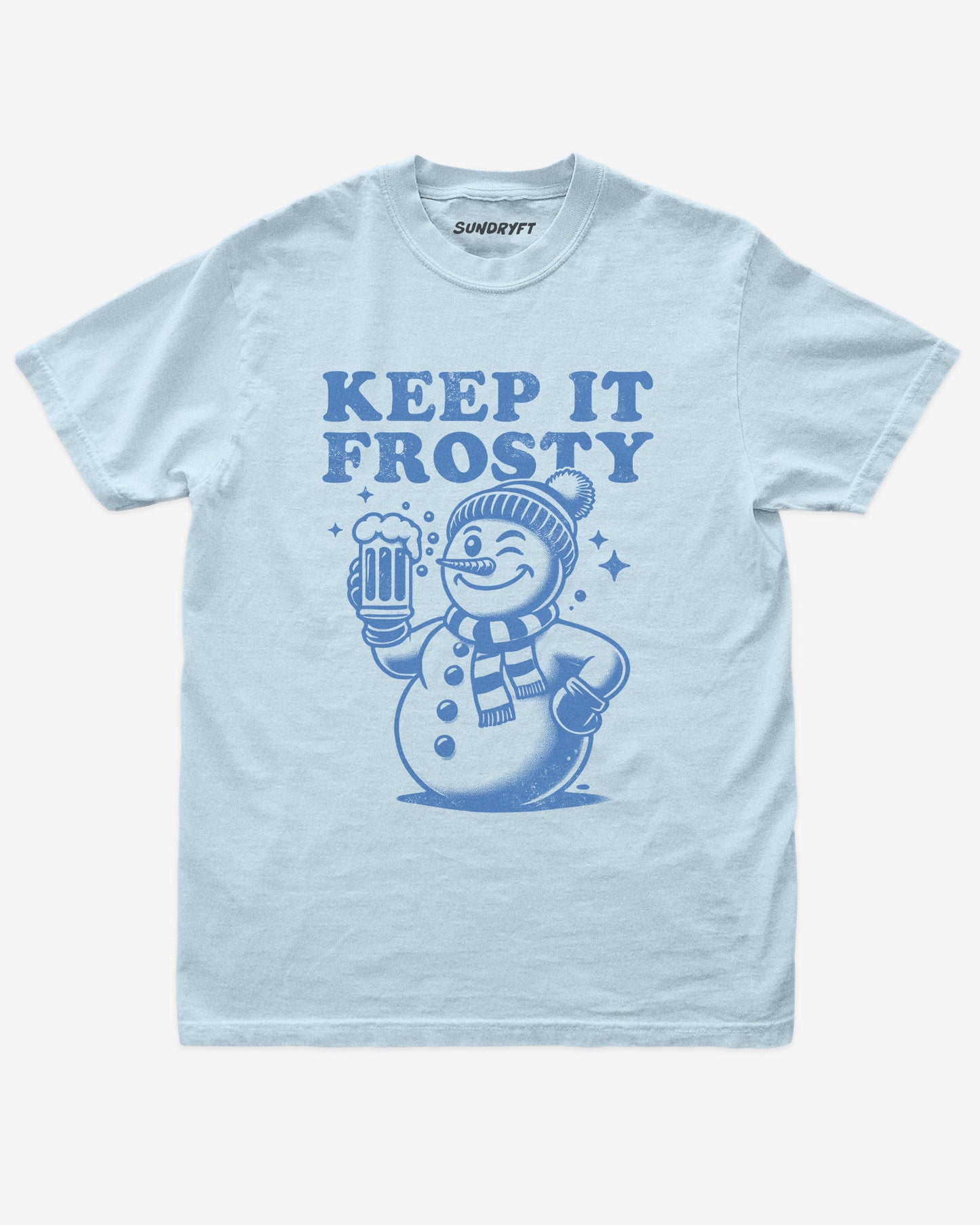Keep it Frosty shirt in chambray with snowman with beer graphic